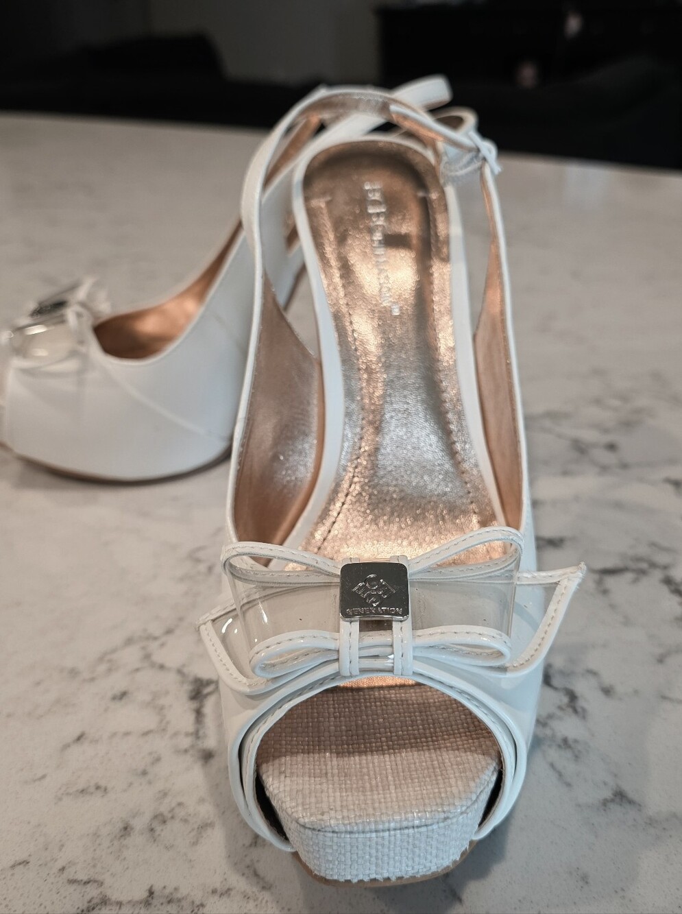 BCBGeneration White Peep-Toe Slingback Heels with Bow Detail